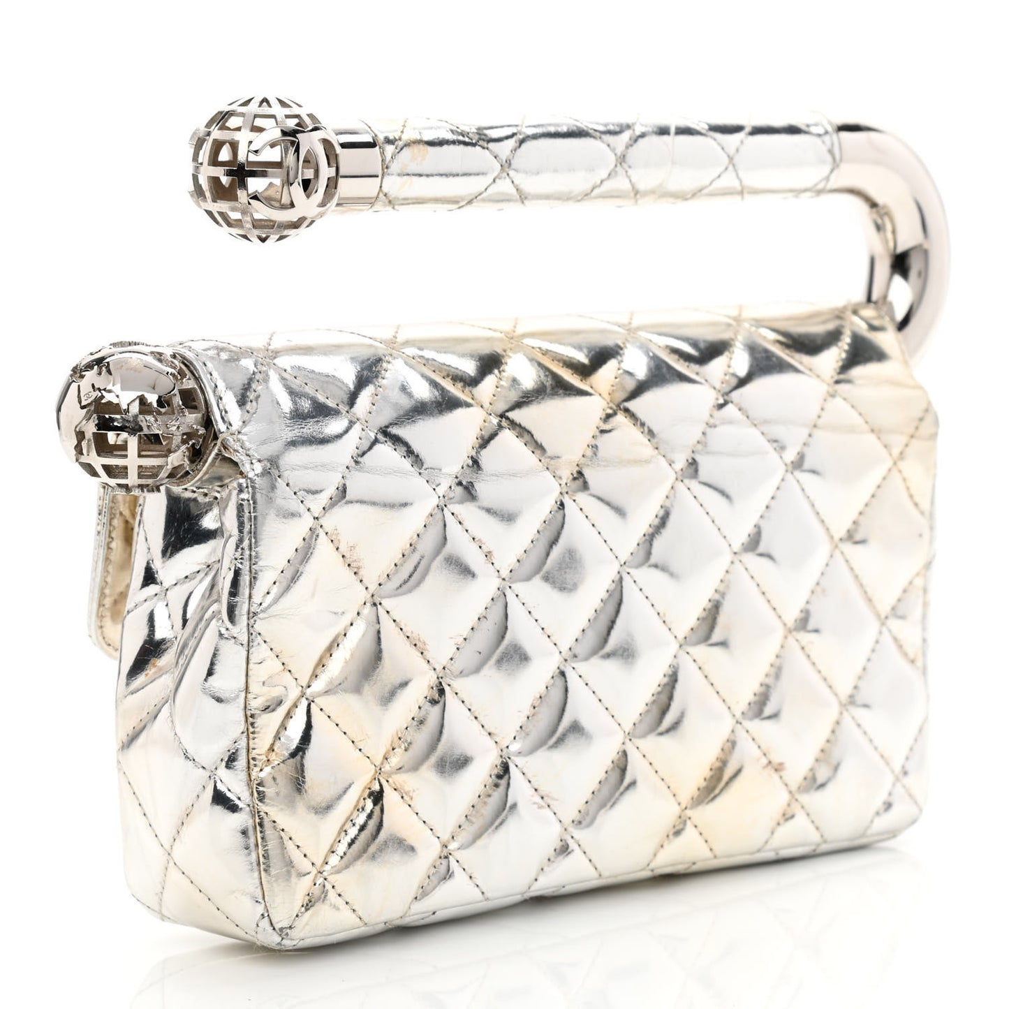 Metallic Lambskin Quilted Mini Around the World Flap Silver
