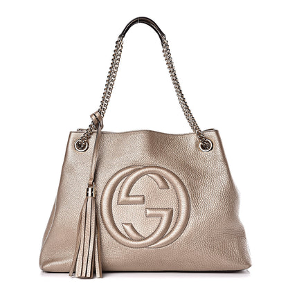 Gucci Metallic Pebbled Calfskin Medium Soho Chain Shoulder Bag Golden Beige 1 of 12
