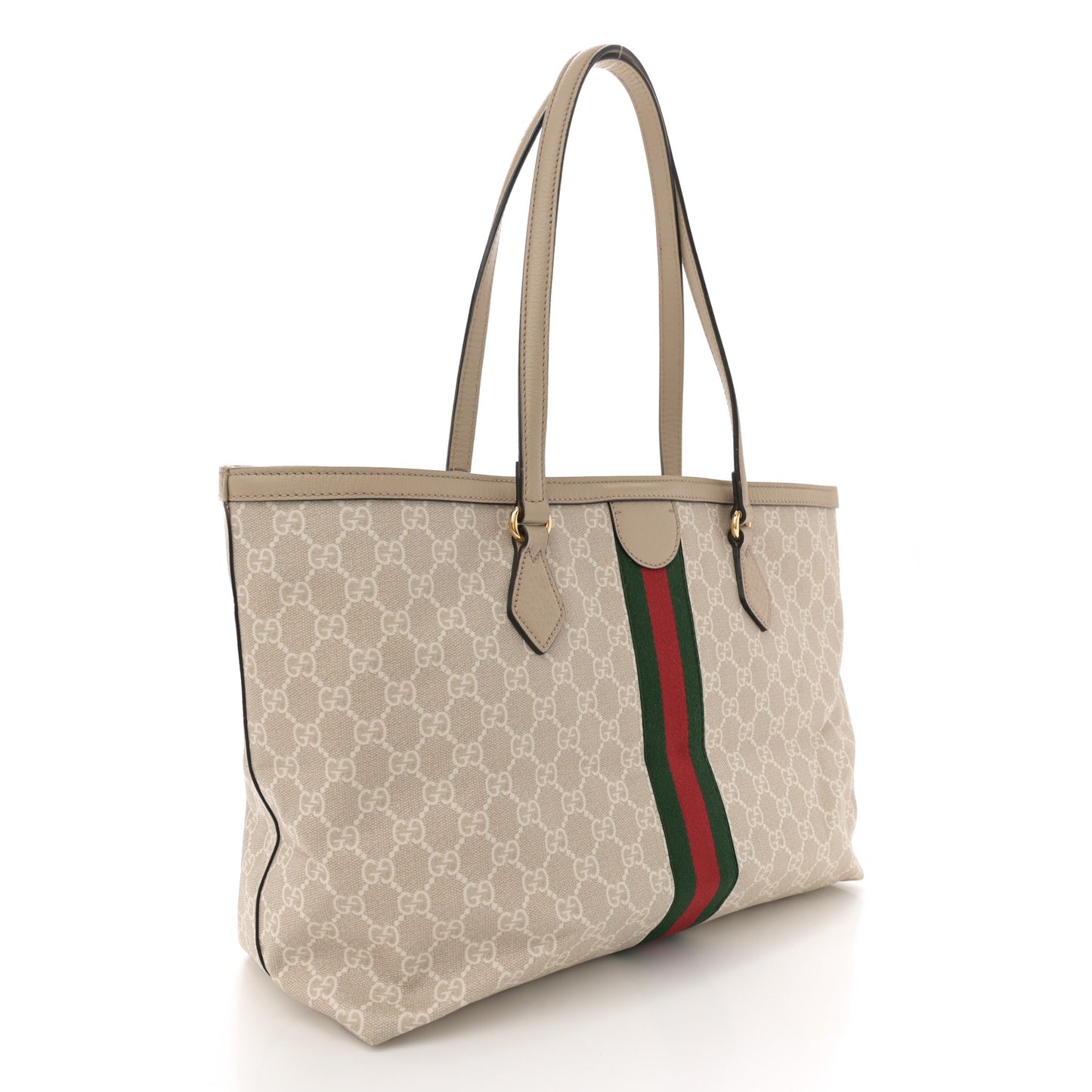 GG Supreme Monogram Textured Dollar Calfskin Web Medium Ophidia Shopping Tote Beige Mystic White Oatmeal