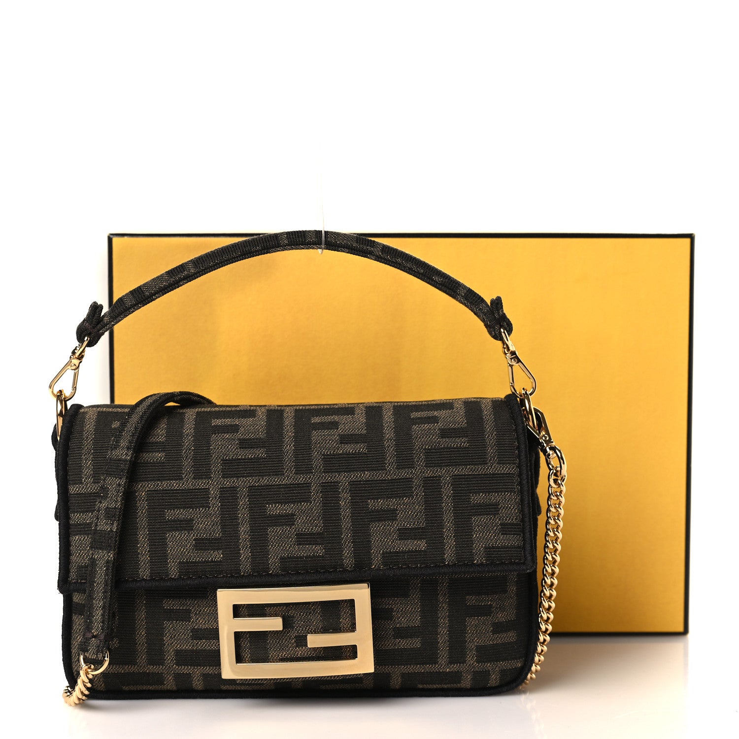 Fendi Fabric Jacquard FF 1974 Mini Baguette Tobacco Moro Black 10 of 10