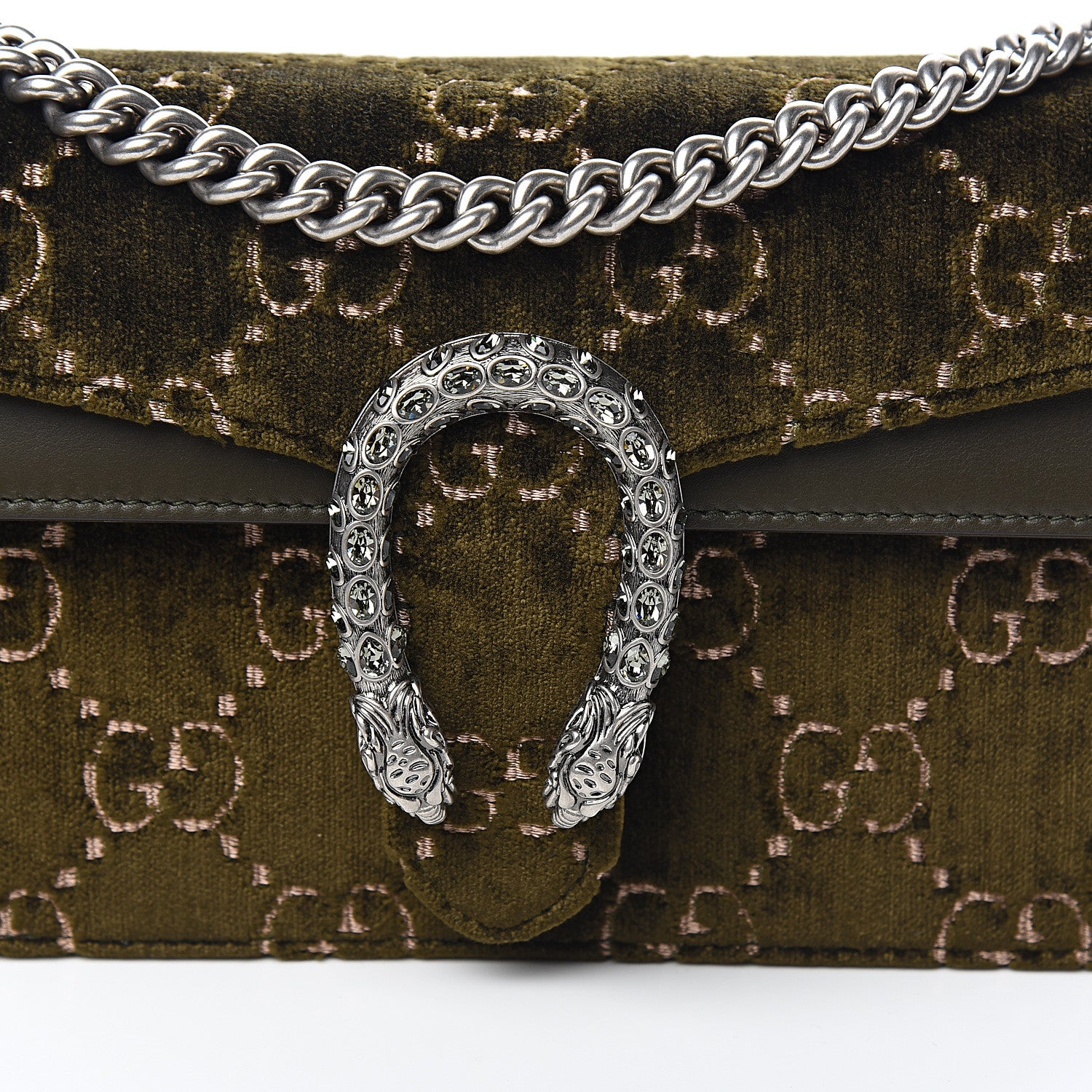 Gucci Velvet Moon Calfskin Crystal GG Monogram Small Dionysus Shoulder Bag Dark Olive Rose Gold 9 of 9