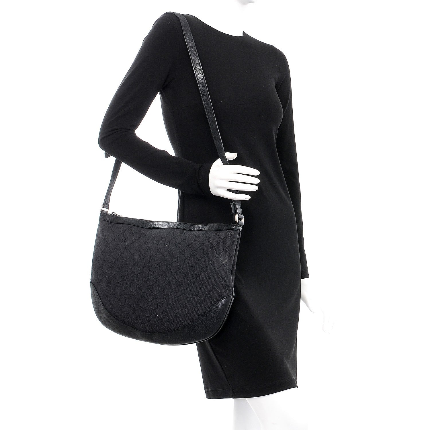 Gucci Denim Monogram Large Half Moon Hobo Black 2 of 11