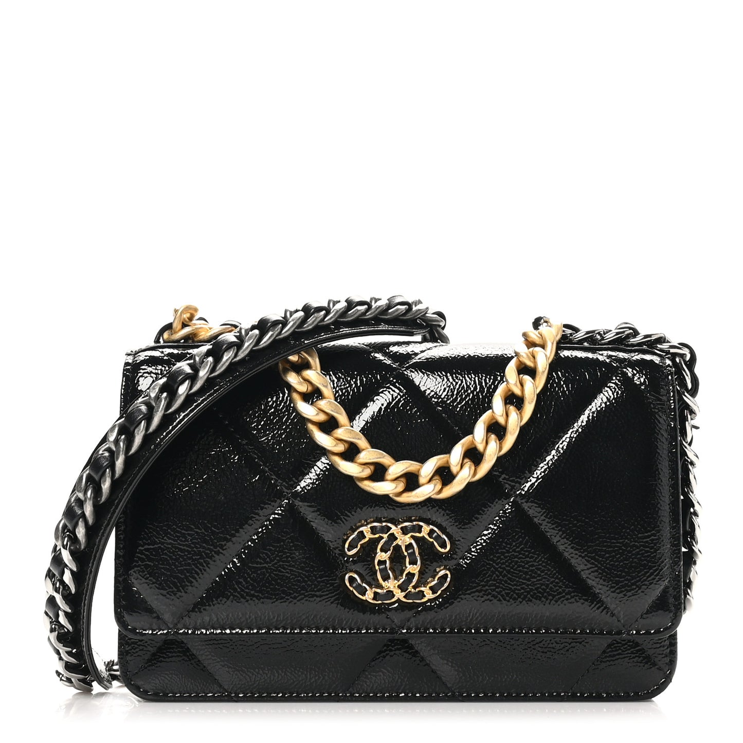 Shiny Crumpled Calfskin Quilted Chanel 19 Wallet On Chain WOC Black