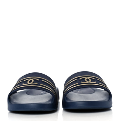 Chanel Rubber CC Flat Slide Sandals 36 Navy Gold 2 of 9