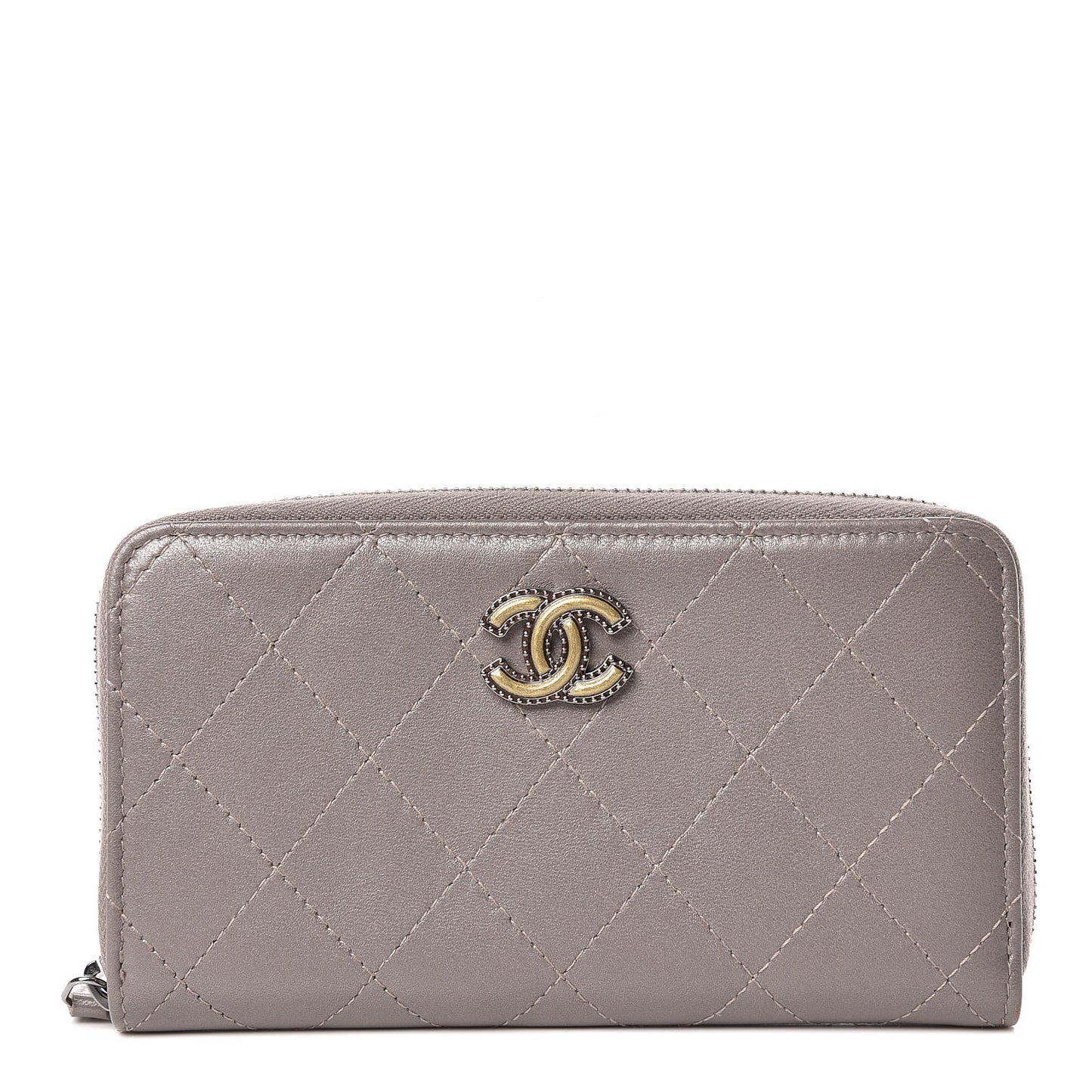 Calfskin Resin Stitched Small Zip Around Wallet Grey