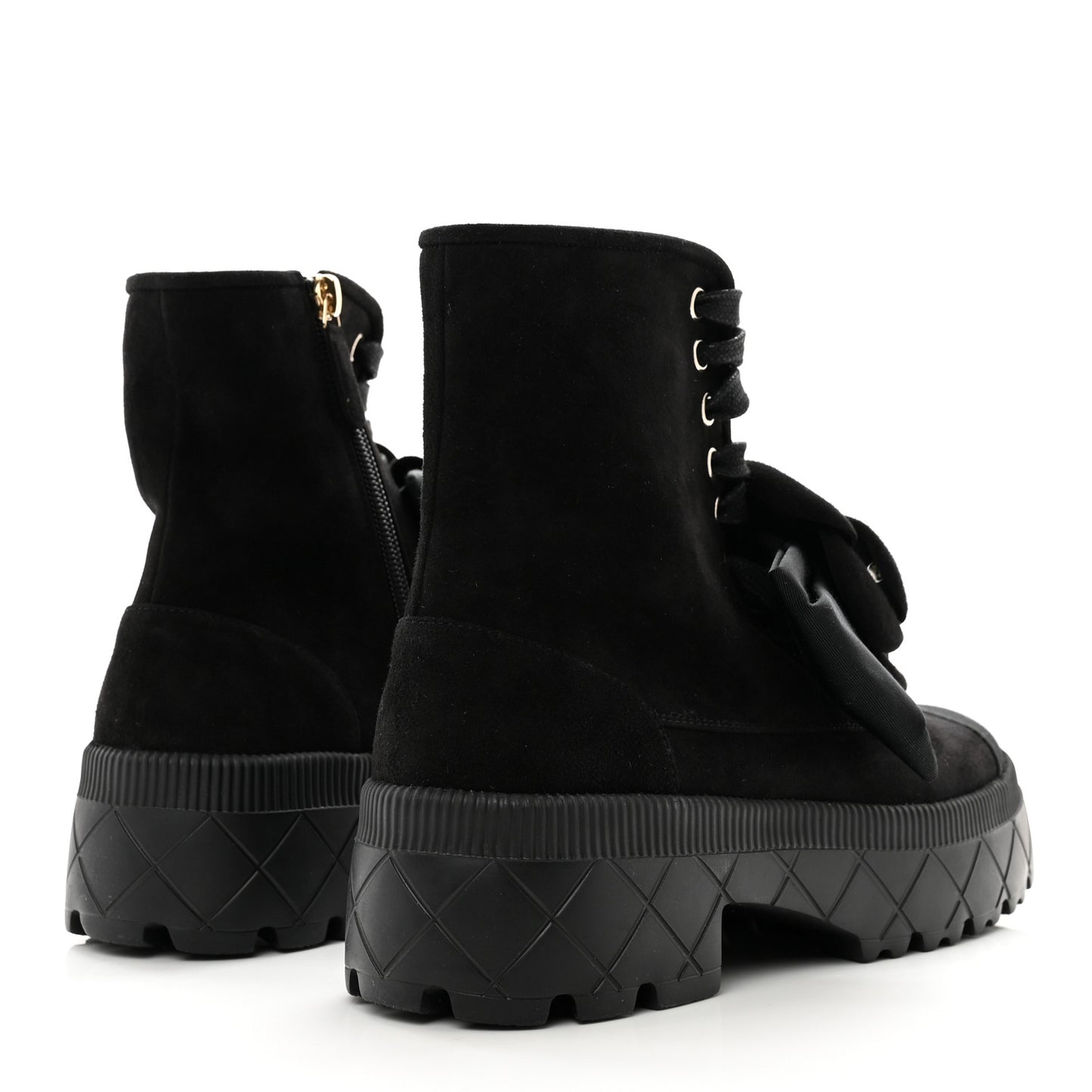 Suede Grosgrain Cap Toe CC Camellia Lace Up Combat Boots 38.5 Black