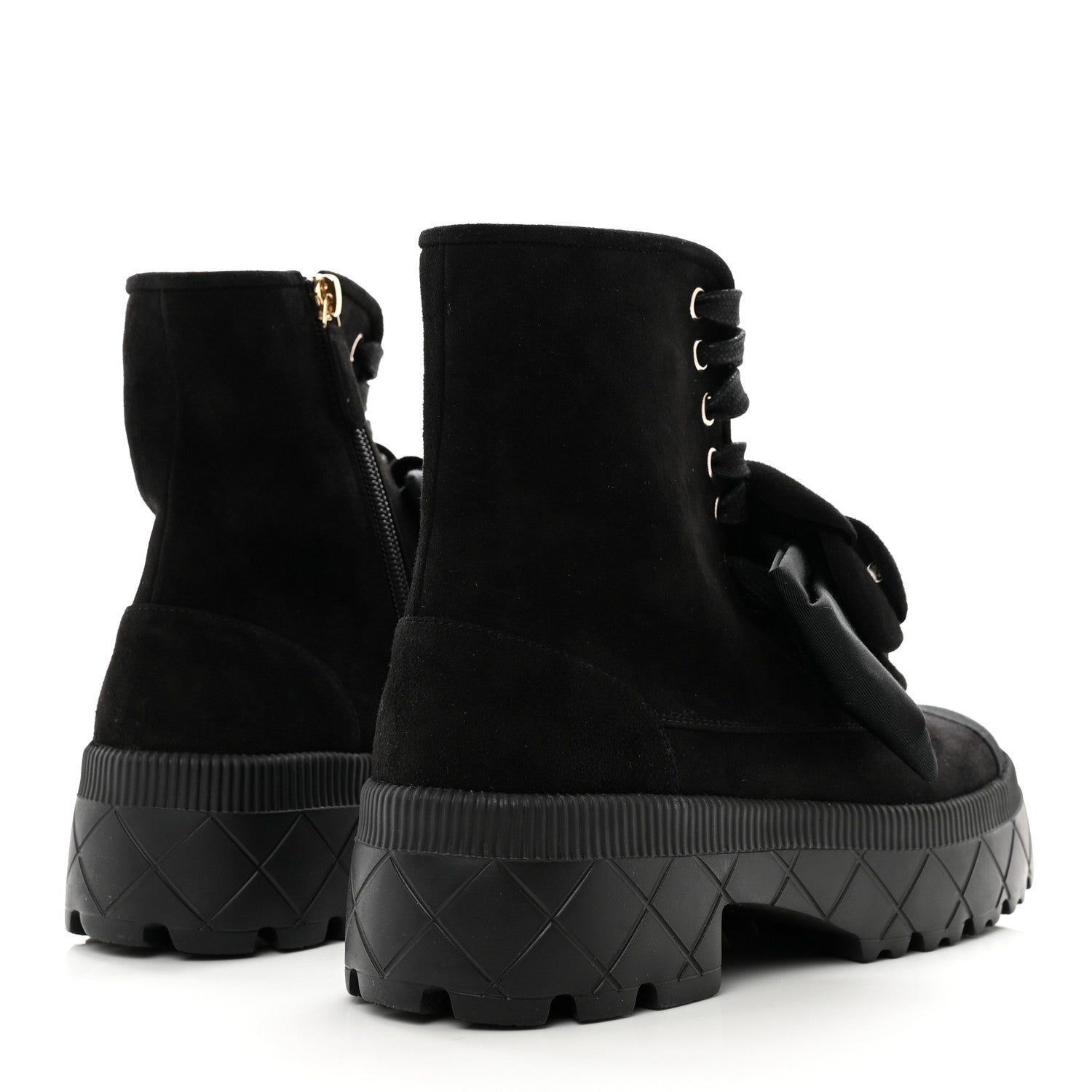 Chanel Suede Grosgrain Cap Toe CC Camellia Lace Up Combat Boots 38.5 Black 4 of 8