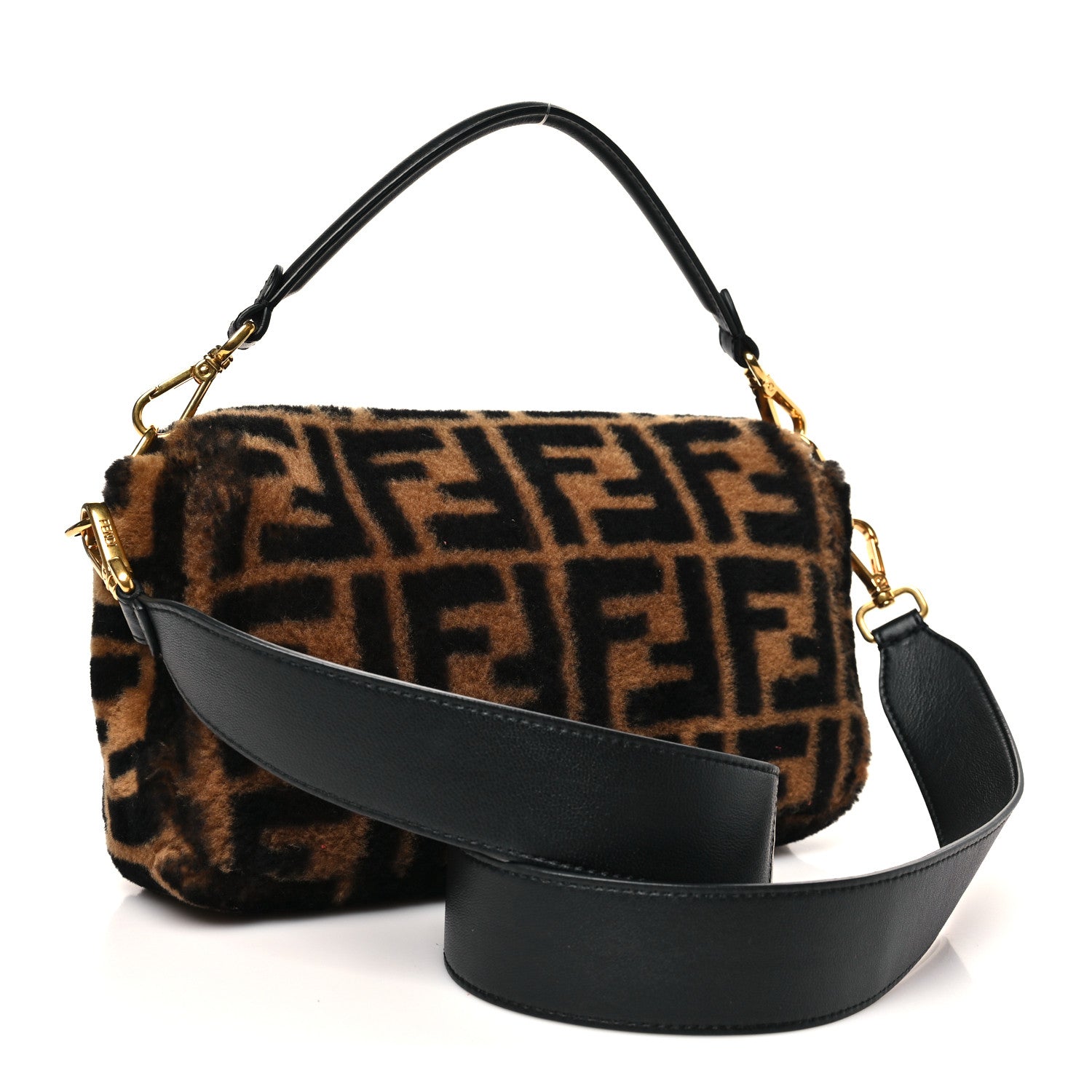 Fendi Shearling Vitello Dolce Macro FF 1974 Baguette Tobacco Black 3 of 10