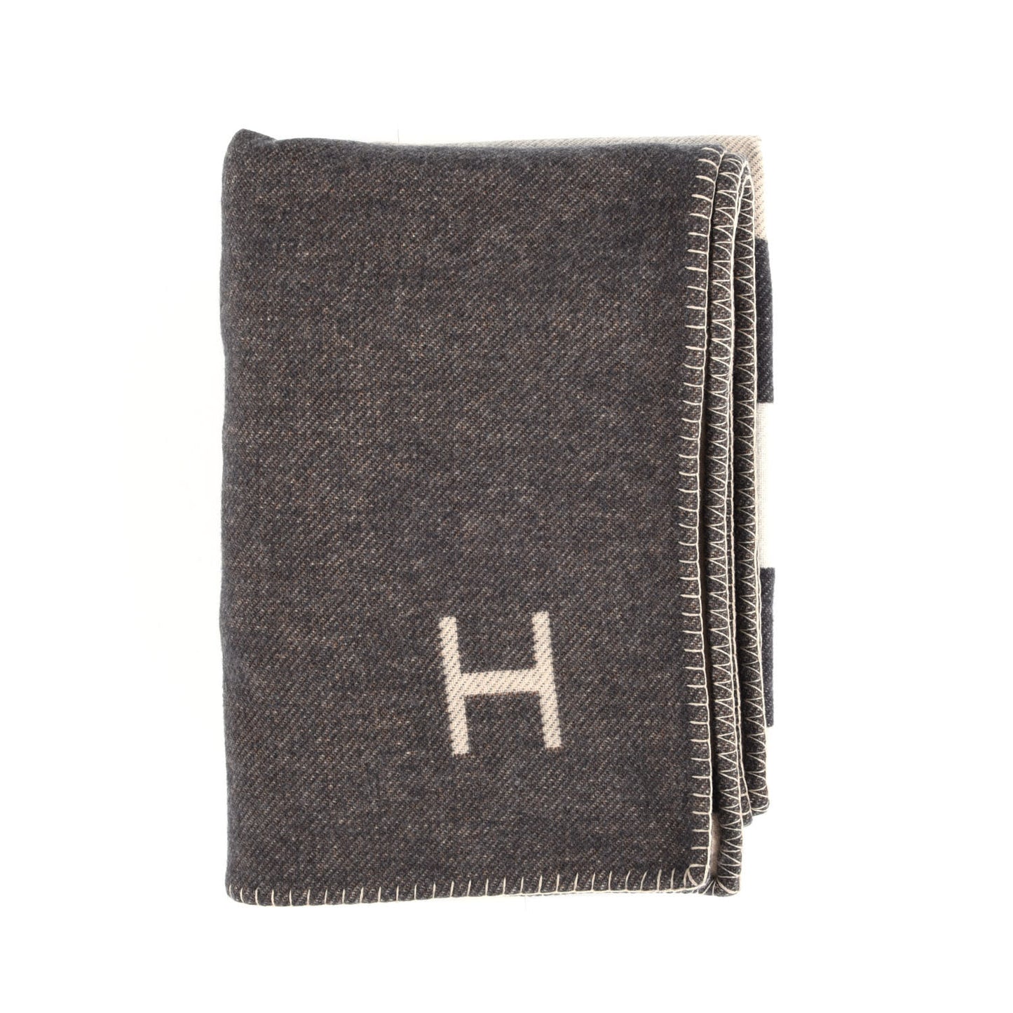 Wool Cashmere H Casaque Blanket Ecru Carbone