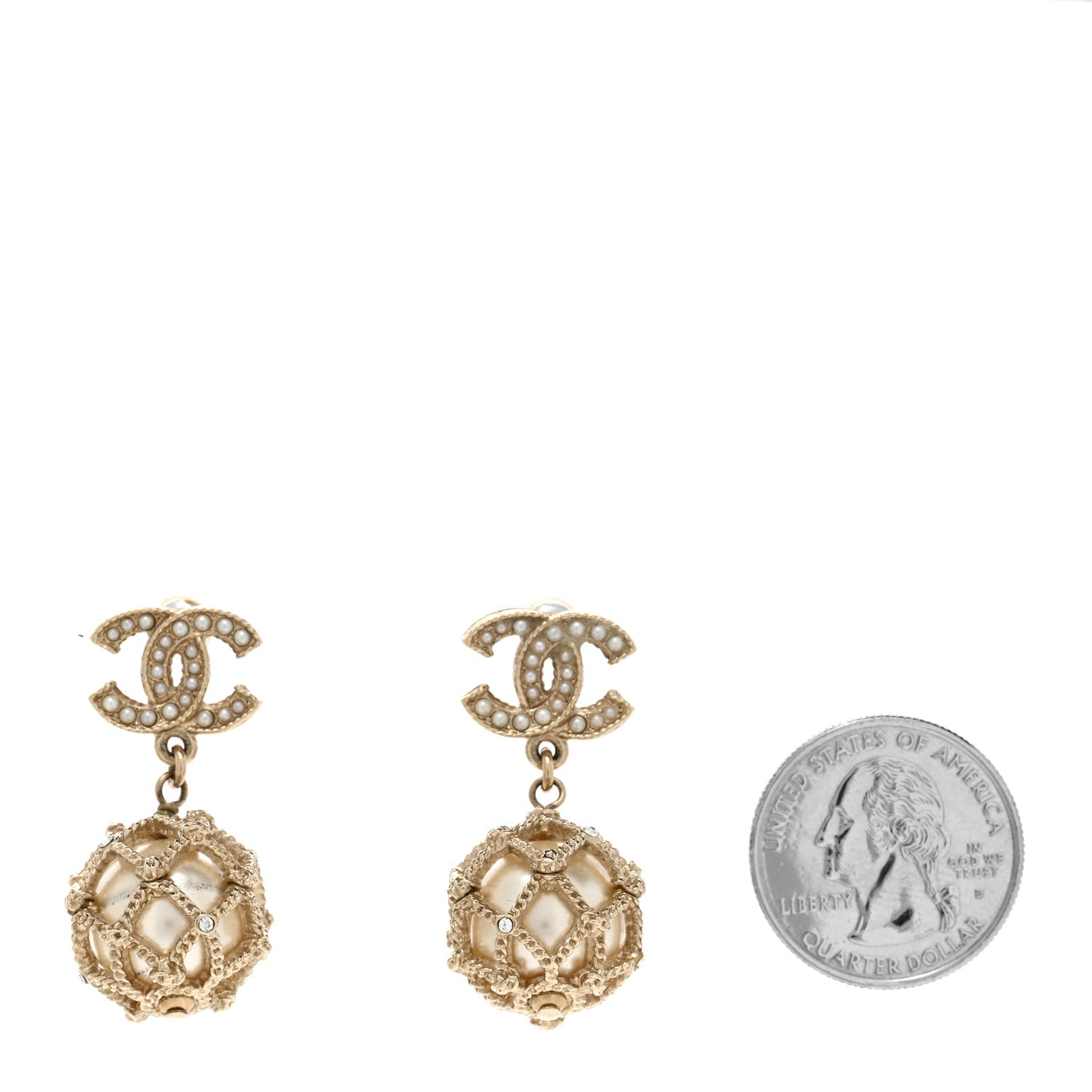 Pearl Caged CC Drop Earrings Gold