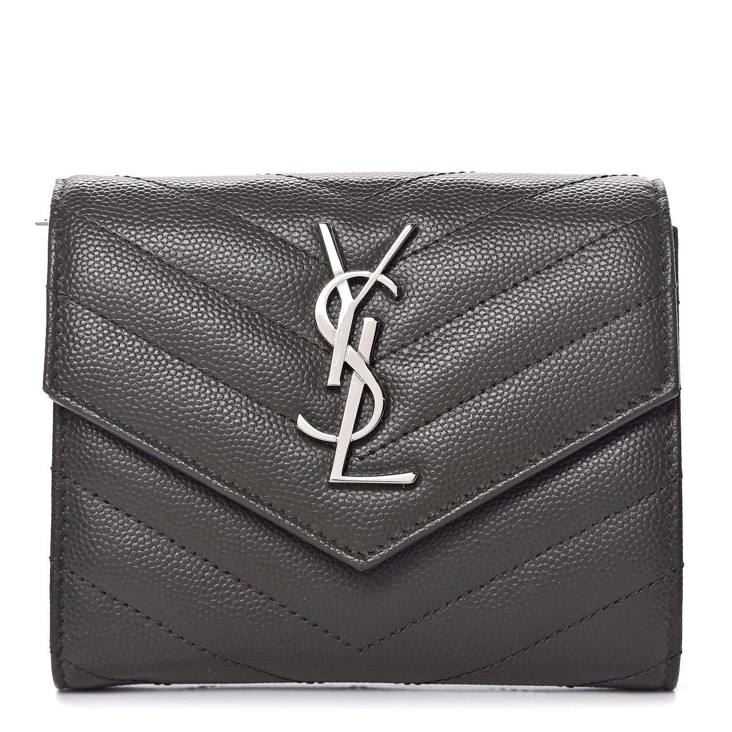 Saint Laurent Grain De Poudre Matelasse Chevron Monogram Compact Tri Fold Wallet Earth 1 of 8