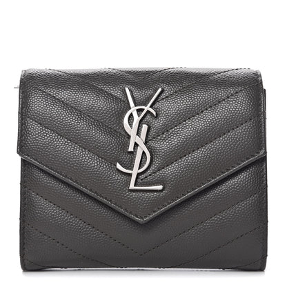 Saint Laurent Grain De Poudre Matelasse Chevron Monogram Compact Tri Fold Wallet Earth 1 of 8