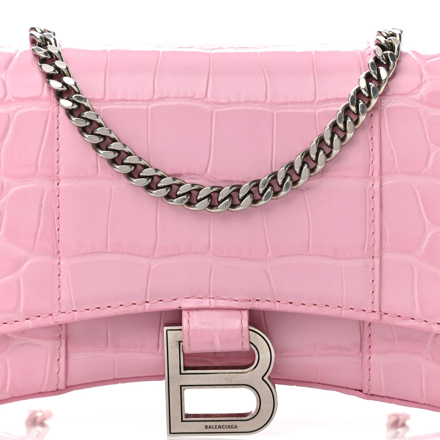Shiny Calfskin Crocodile Embossed Hourglass Chain Bag Candy Pink