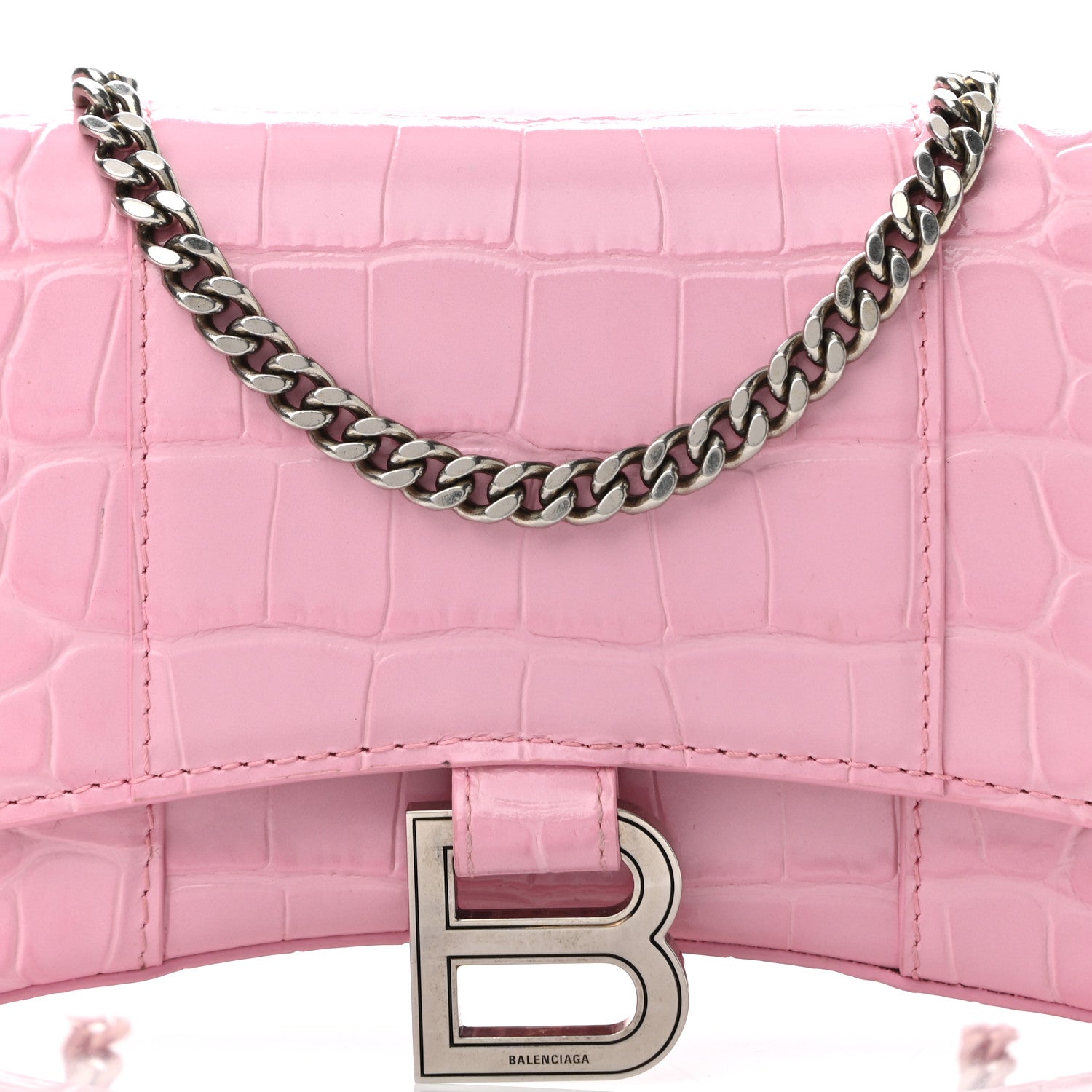 Balenciaga Shiny Calfskin Crocodile Embossed Hourglass Chain Bag Candy Pink 7 of 9