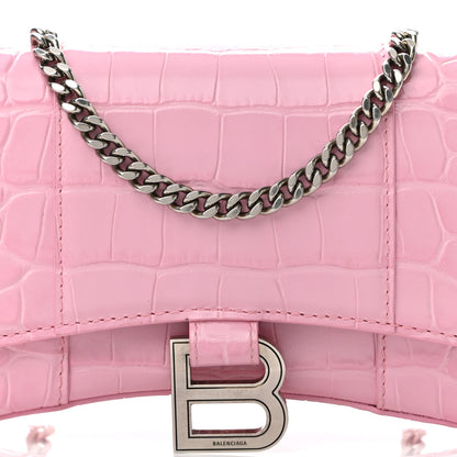 Balenciaga Shiny Calfskin Crocodile Embossed Hourglass Chain Bag Candy Pink 7 of 9