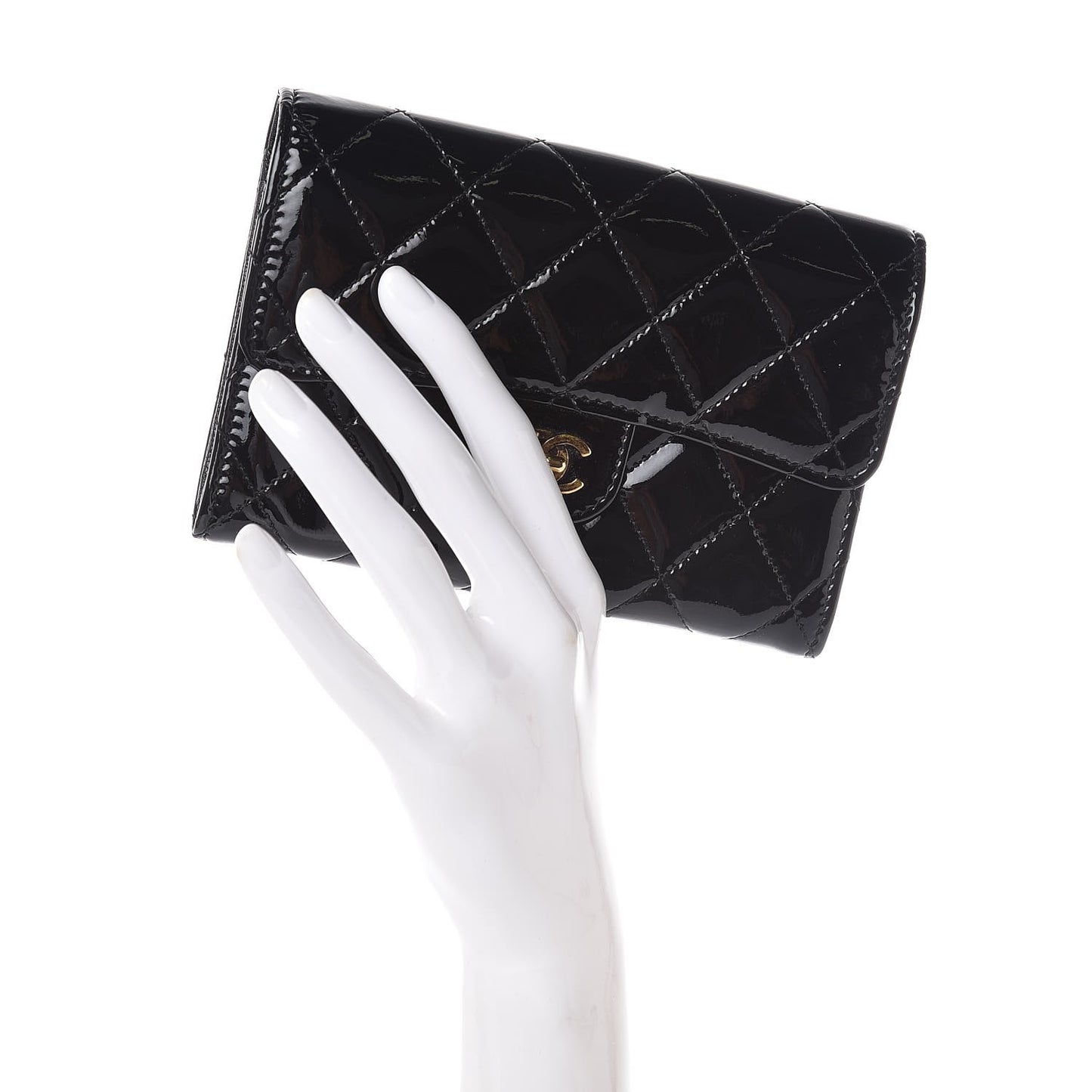 Patent Calfskin Quilted Small Flap Wallet Black