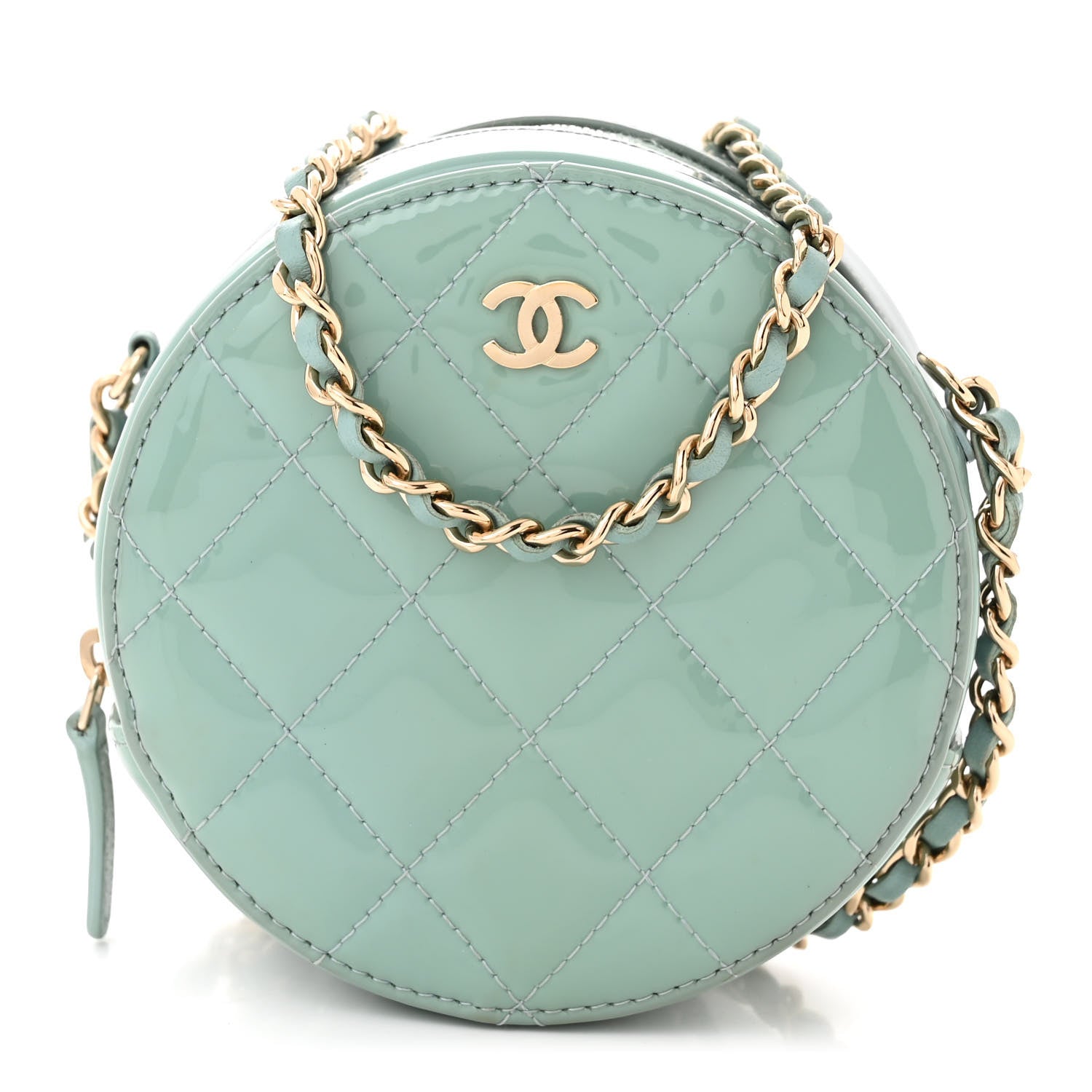 Chanel Patent Quilted Round Clutch With Chain Light Blue 1 of 11