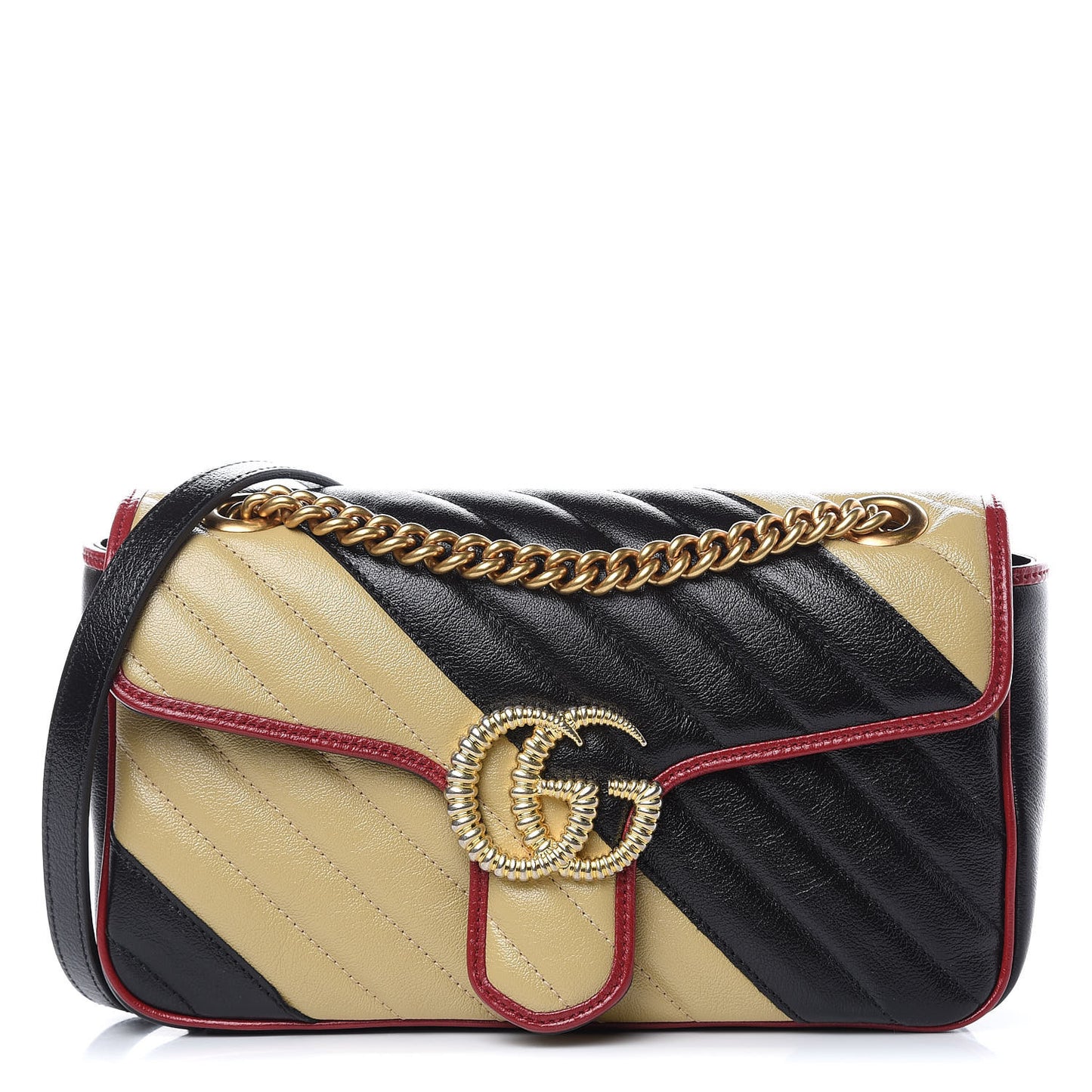 Vintage Effect Calfskin Matelasse Diagonal Striped Small Torchon GG Marmont Shoulder Bag Black Beige