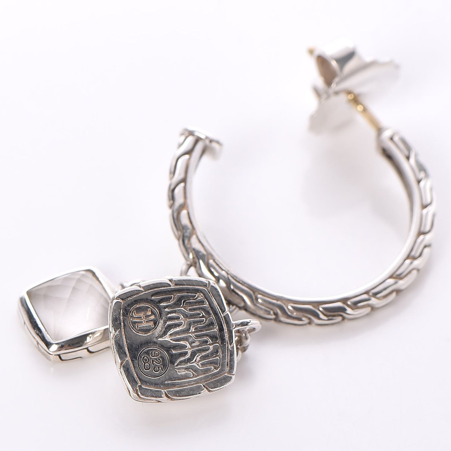 JOHN HARDY Sterling Silver White Quartz Batu Classic Chain Hoop Earrings