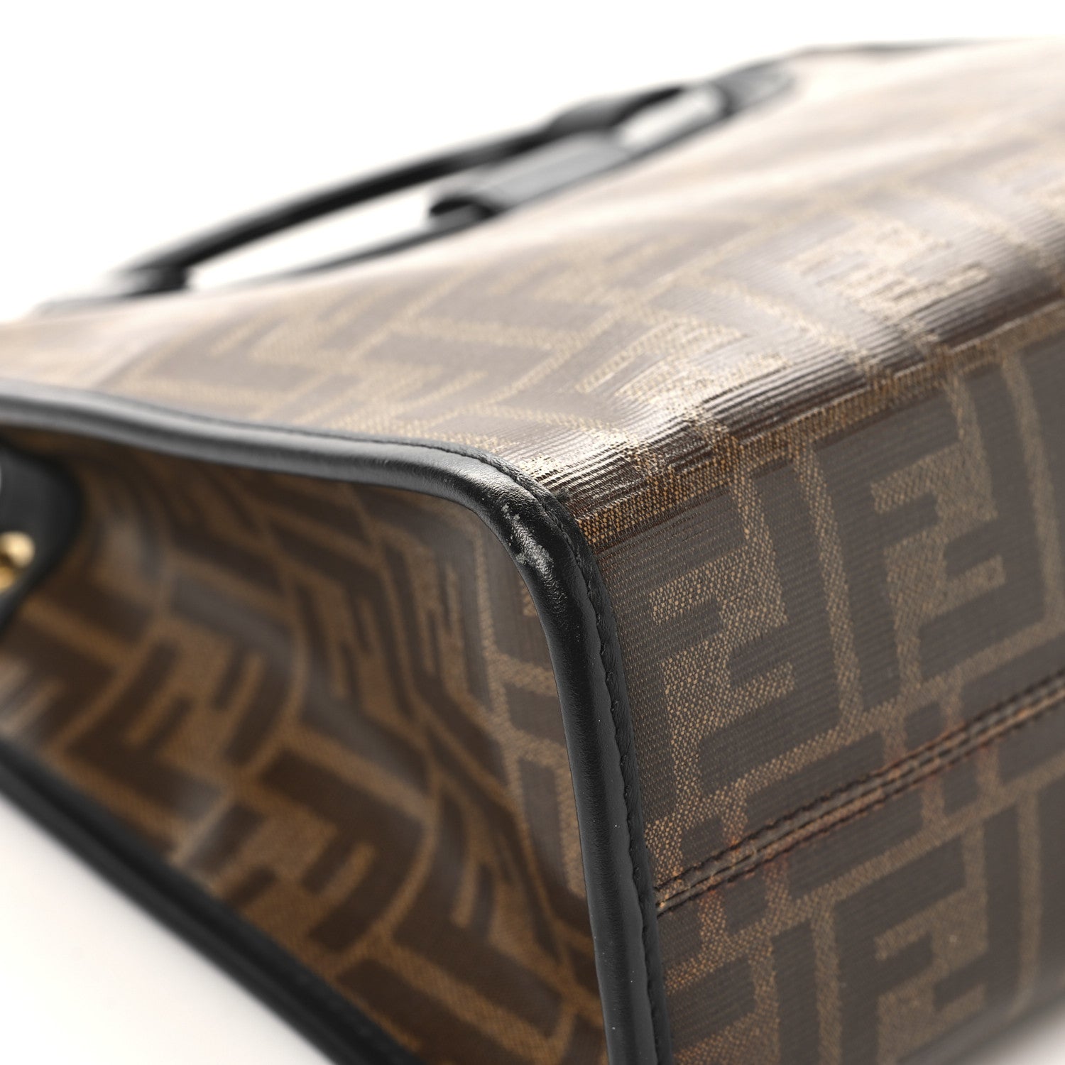 Fendi Glazed Fabric Vitello Century Plexiglass FF 1974 Stamp Patch Small Runaway Shopper Tote Mogano Panna Black 11 of 12