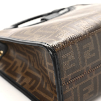 Fendi Glazed Fabric Vitello Century Plexiglass FF 1974 Stamp Patch Small Runaway Shopper Tote Mogano Panna Black 11 of 12