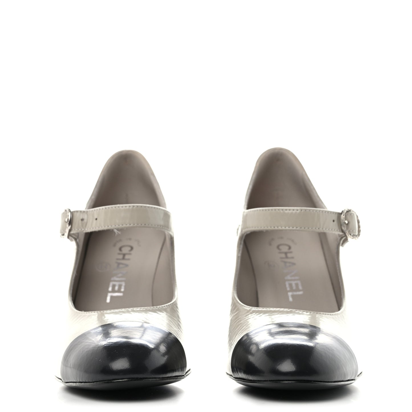 Shiny Goatskin Cap Toe Mary Jane Pumps 35.5 Grey Dark Grey