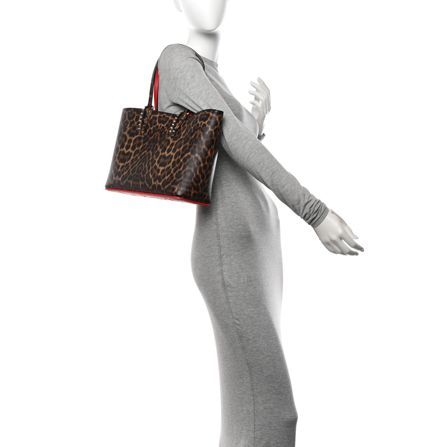 Calfskin Leopard Print Spikes Small East West Cabata Tote Brown