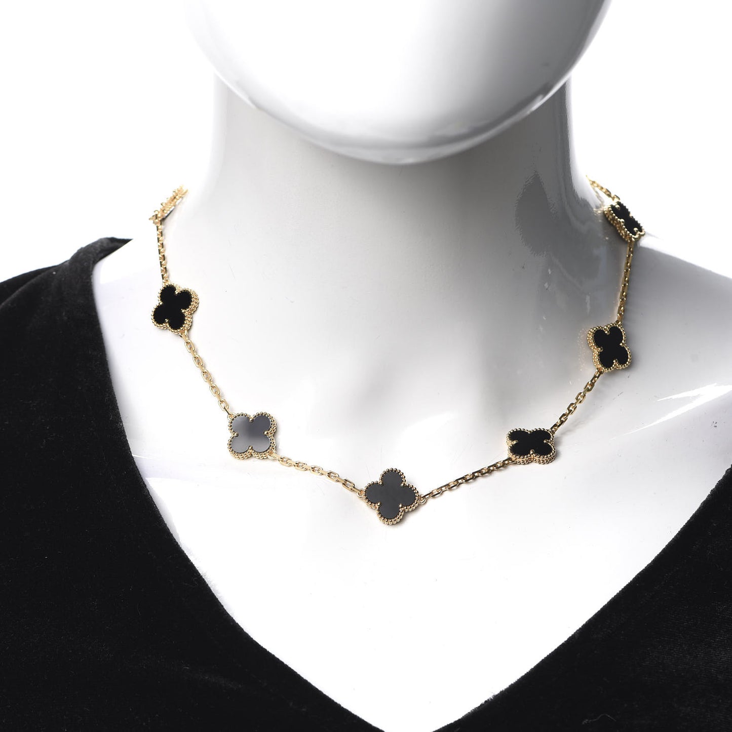 18K Yellow Gold Black Onyx 10 Motifs Vintage Alhambra Necklace