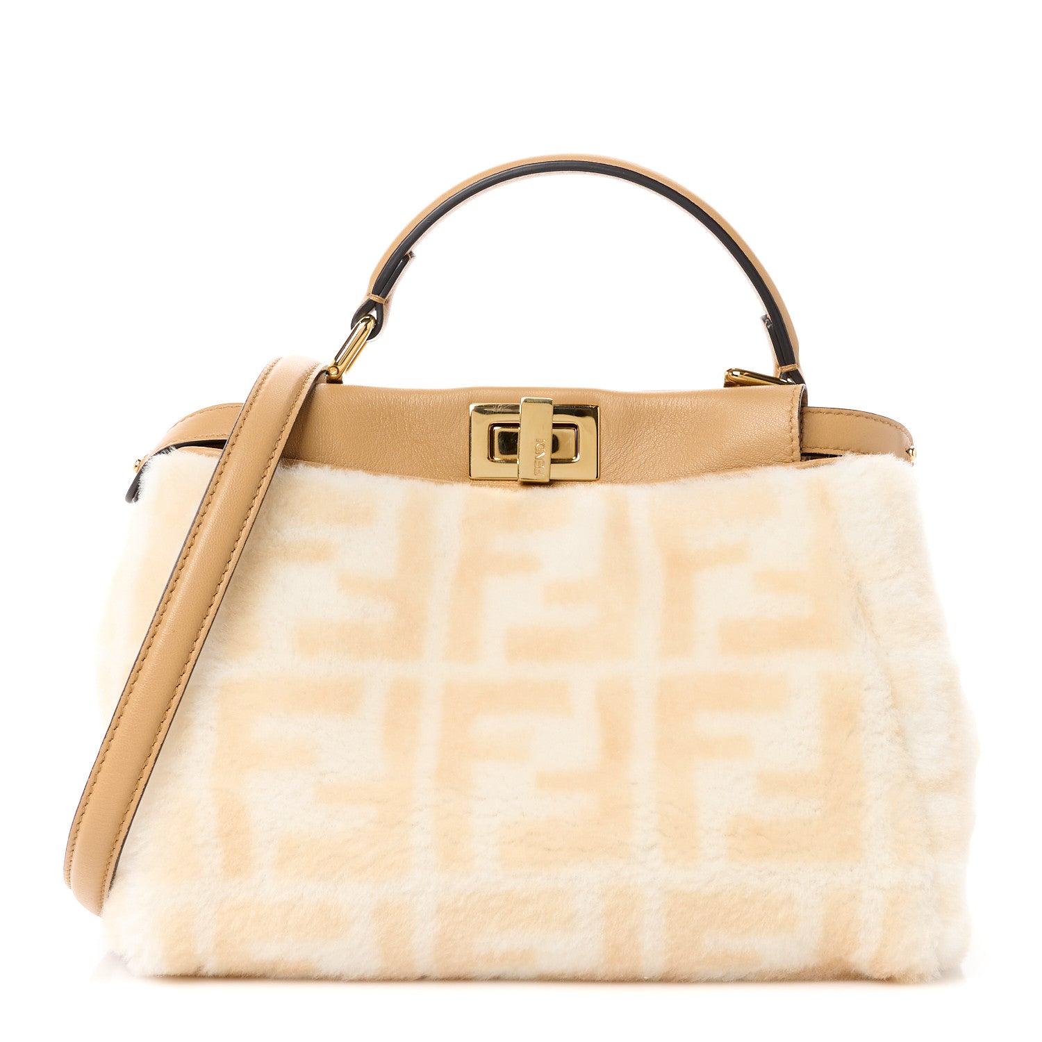 Fendi Shearling Nappa Macro FF 1974 Mini Peekaboo Iconic Satchel White Ice Cuoio Miele Scuro 1 of 12