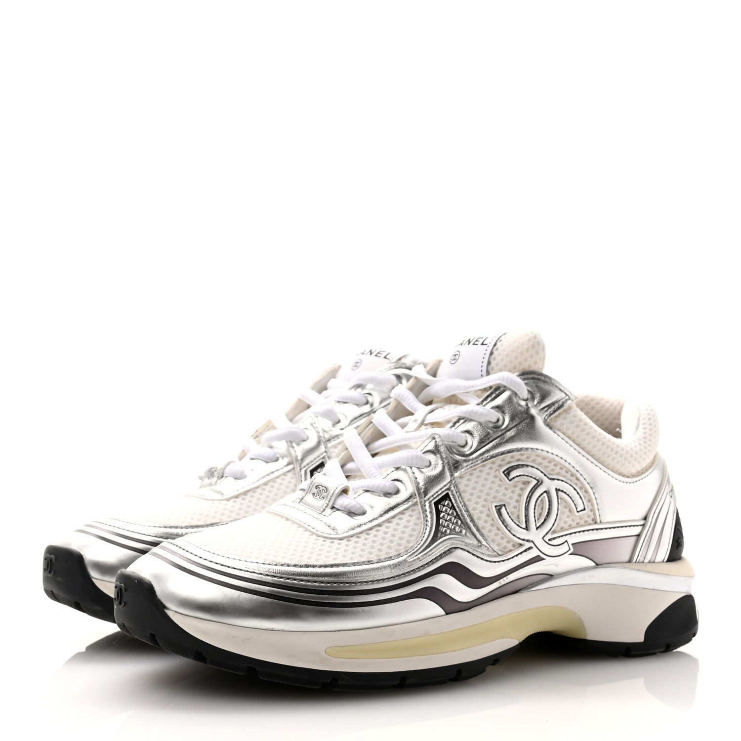 Chanel Fabric Laminated Calfskin Stretch CC Womens Sneakers 39.5 White Silver 3 of 12