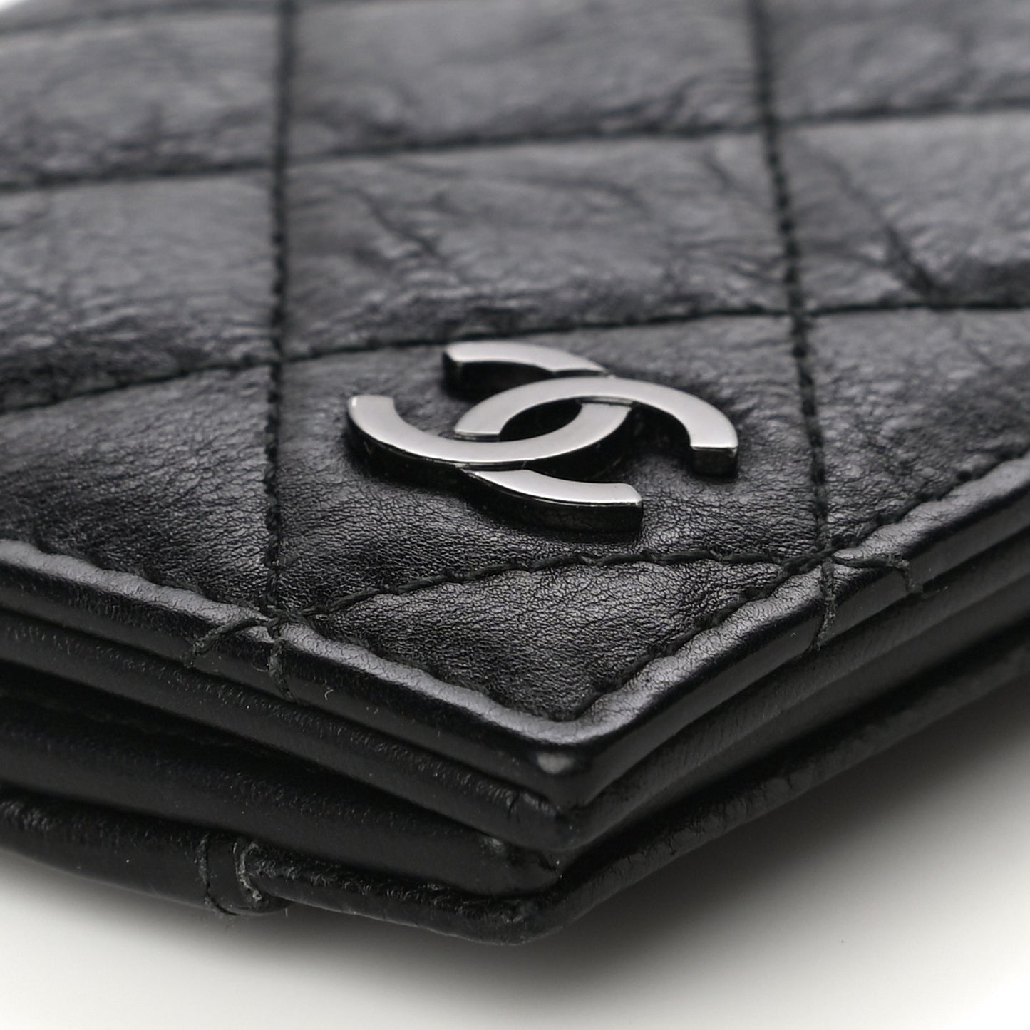 Crumpled Calfskin Quilted Card Holder Wallet So Black