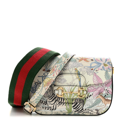 Gucci New Shangai Calfskin Tiger Savanah Web Mini Horsebit 1955 Shoulder Bag Chalky White Multicolor 1 of 10