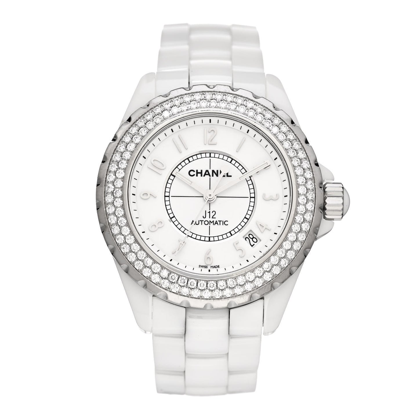 Stainless Steel Ceramic Diamond Pave Bezel 38mm J12 Automatic Watch White