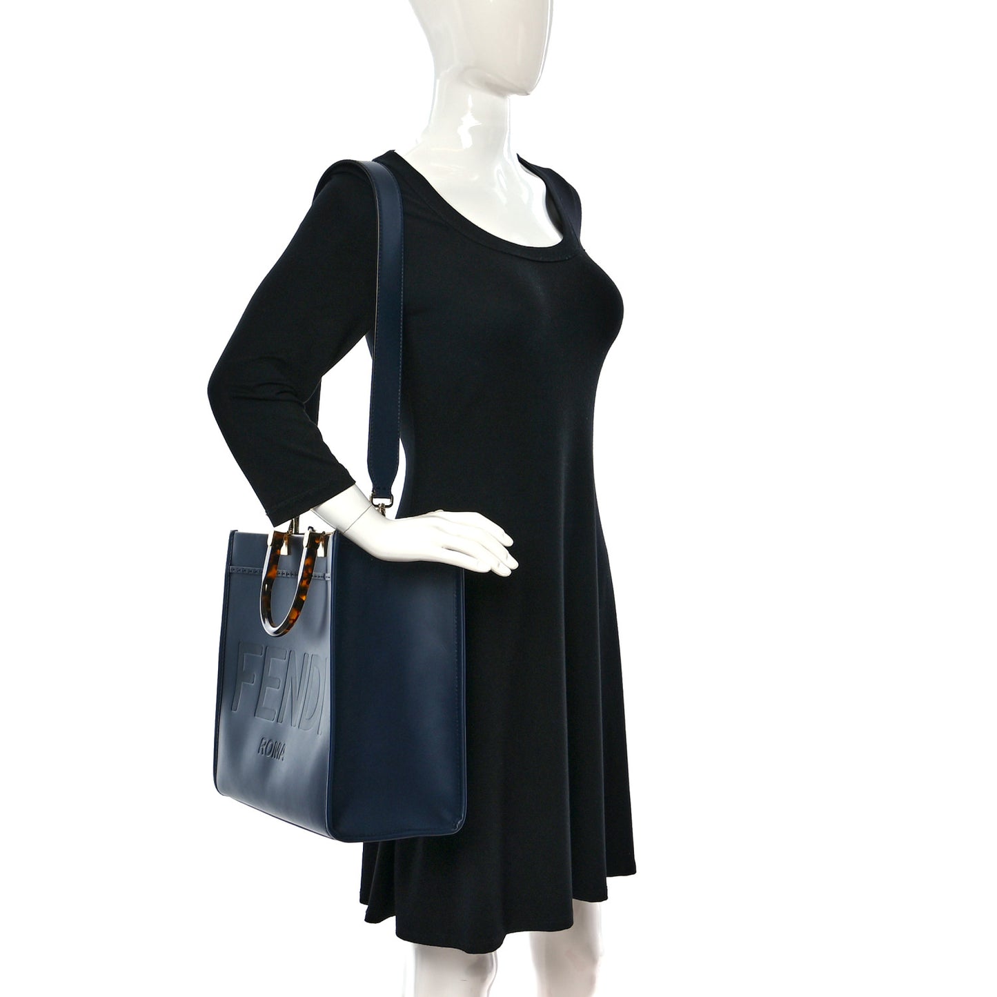 Vitello King Plexiglass Logo Embossed Medium Fendi Sunshine Shopper Tote Midnight