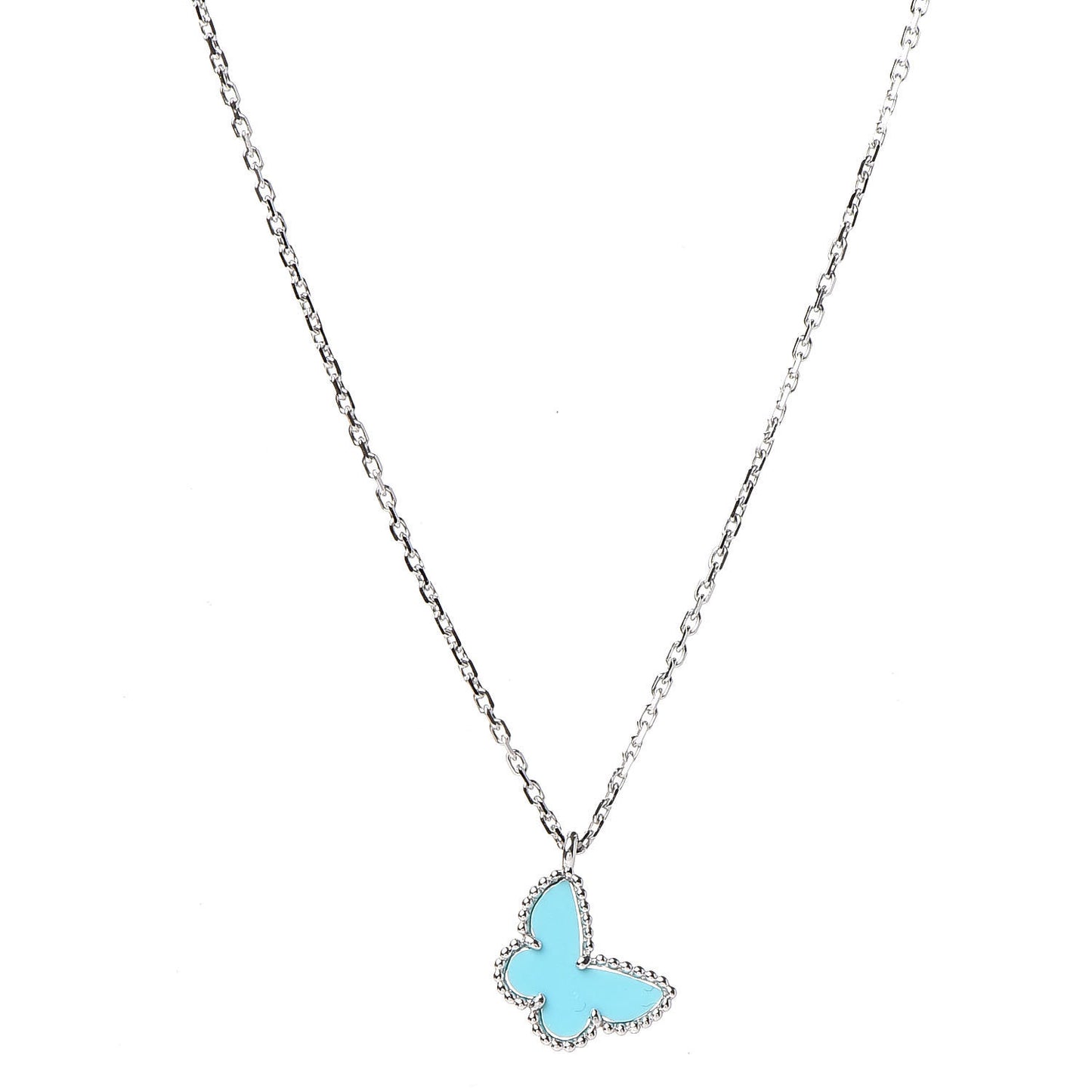 18K White Gold Turquoise Sweet Alhambra Butterfly Pendant Necklace