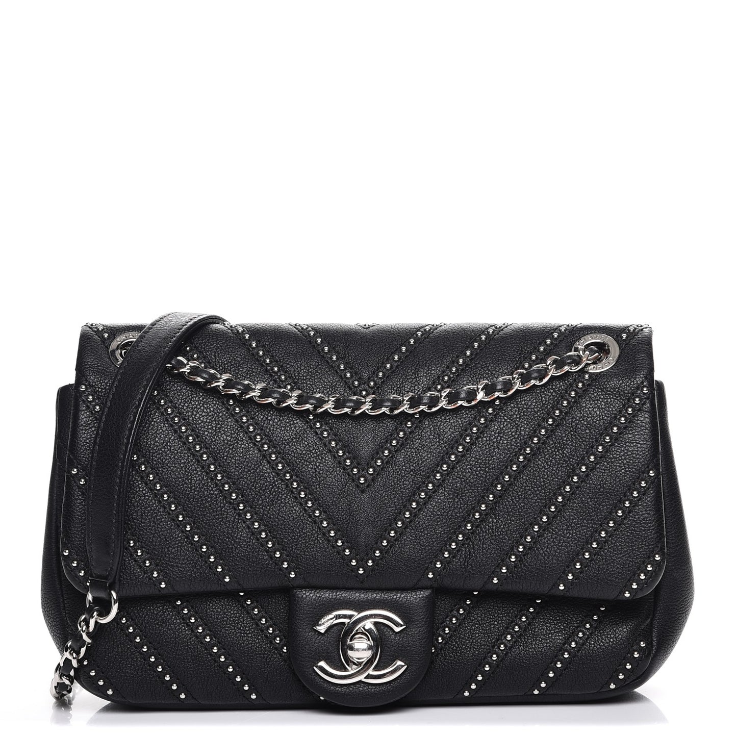 Calfskin Studded Chevron Quilted Wars Flap Black