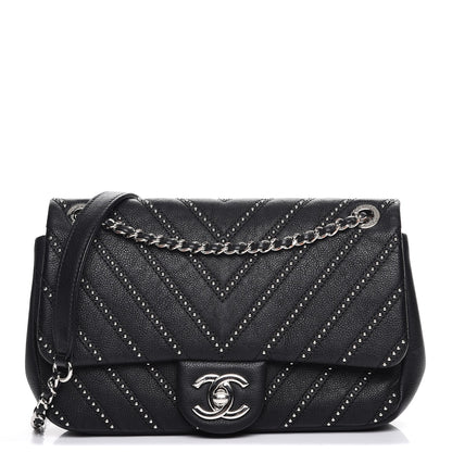 Chanel Calfskin Studded Chevron Quilted Wars Flap Black 1 of 8