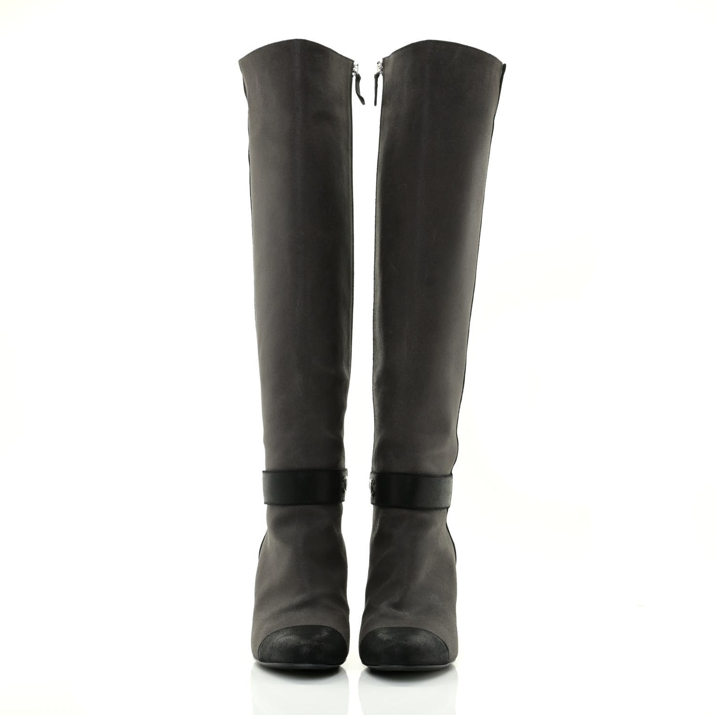 Suede Calfskin CC Cap Toe Knee High Boots 40 Black Grey