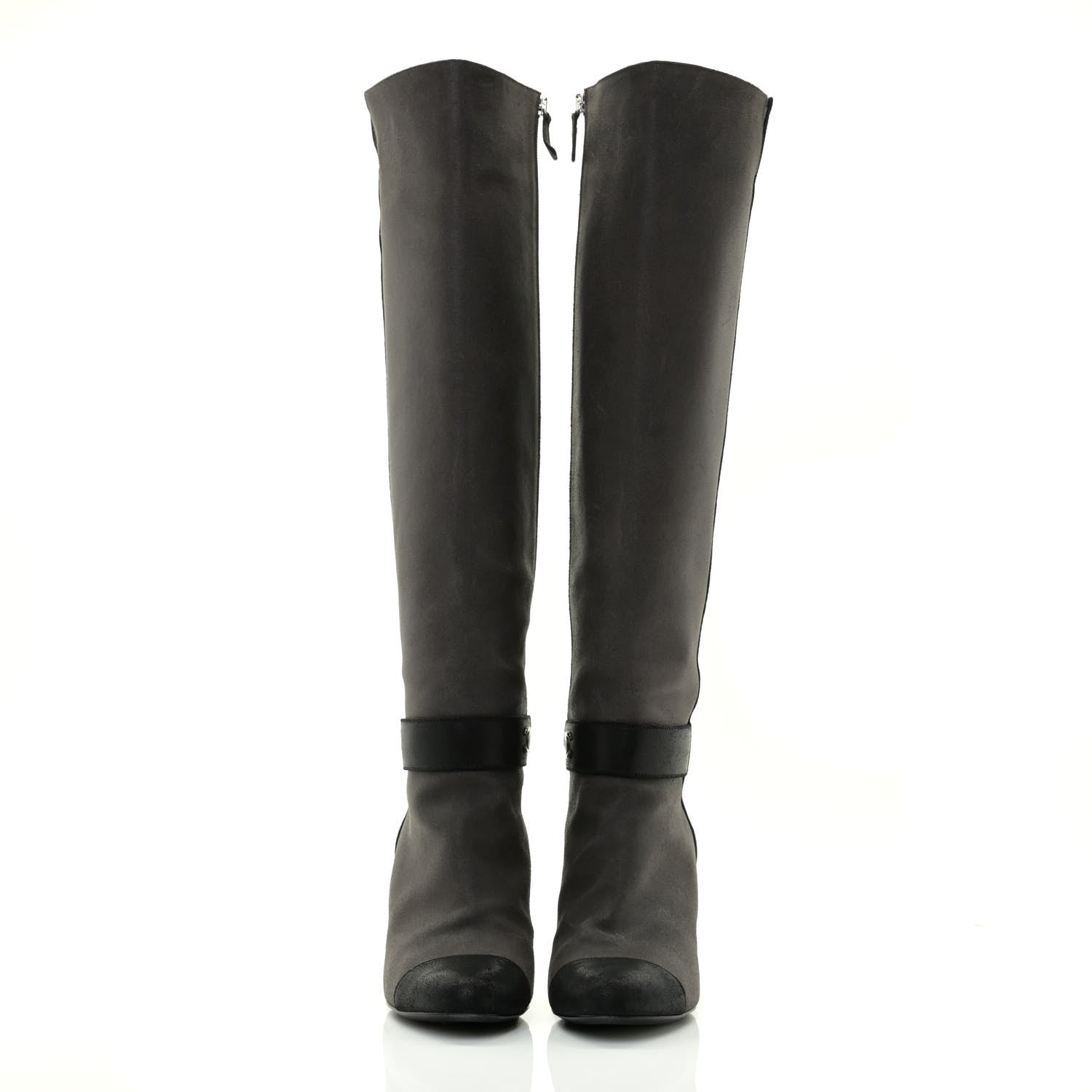 Chanel Suede Calfskin CC Cap Toe Knee High Boots 40 Black Grey 2 of 13