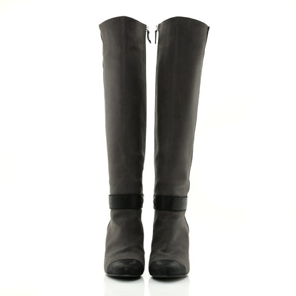 Chanel Suede Calfskin CC Cap Toe Knee High Boots 40 Black Grey 2 of 13