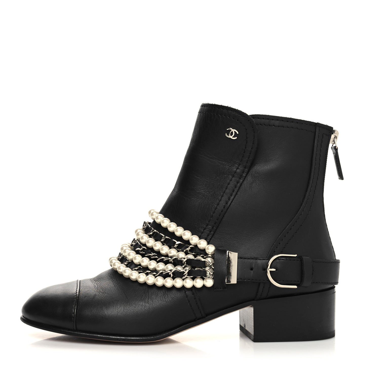 Calfskin Pearl Cap Toe Short Boots 39 Black