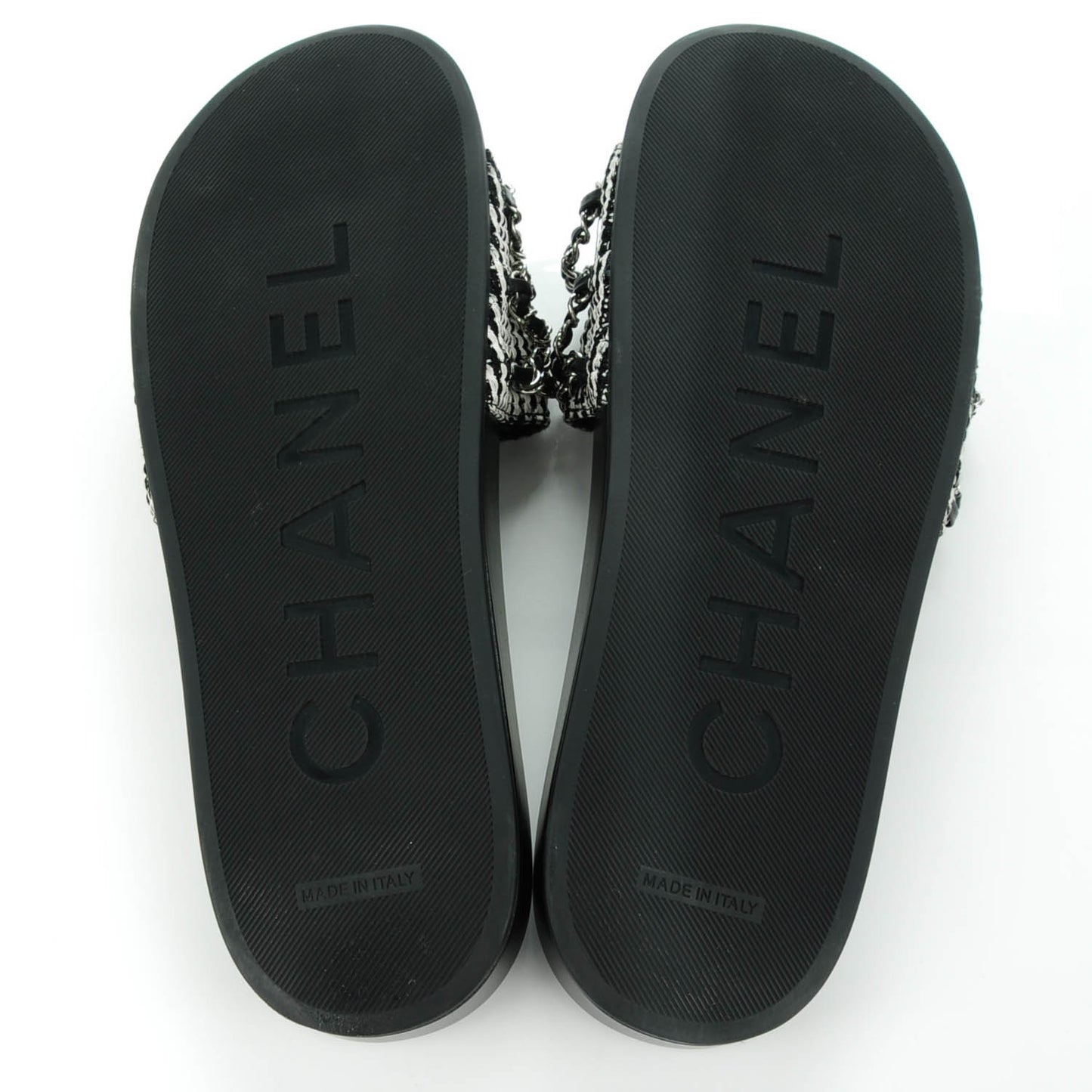 Tweed Lambskin Chain Flat Sandals 42 Black White