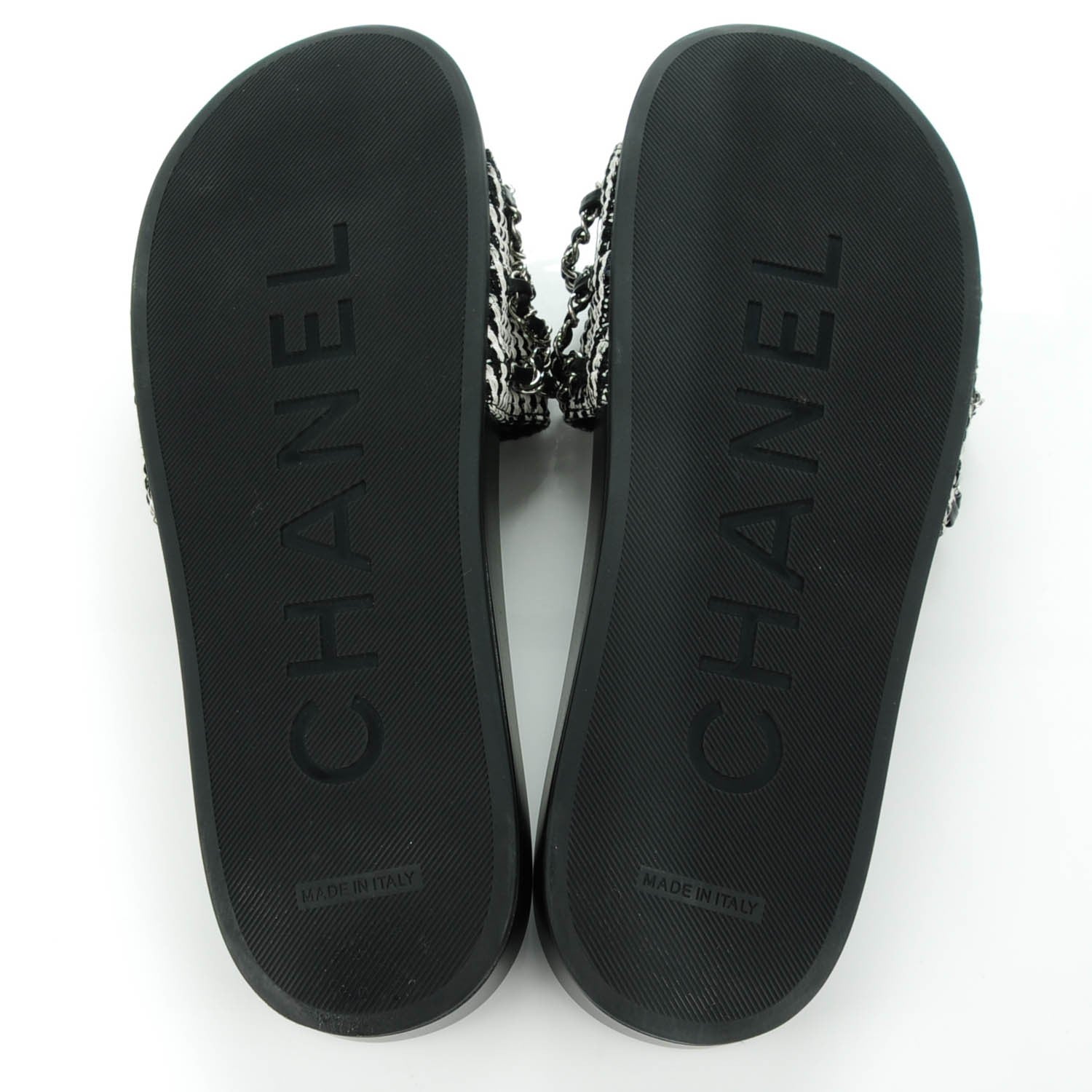 Chanel Tweed Lambskin Chain Flat Sandals 42 Black White 6 of 8