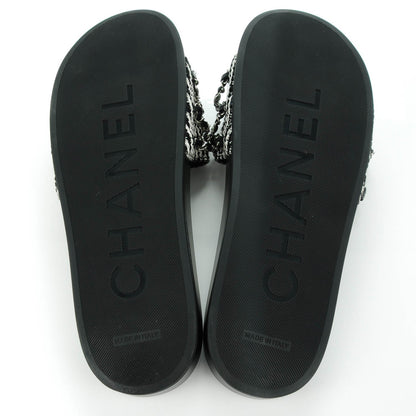 Chanel Tweed Lambskin Chain Flat Sandals 42 Black White 6 of 8
