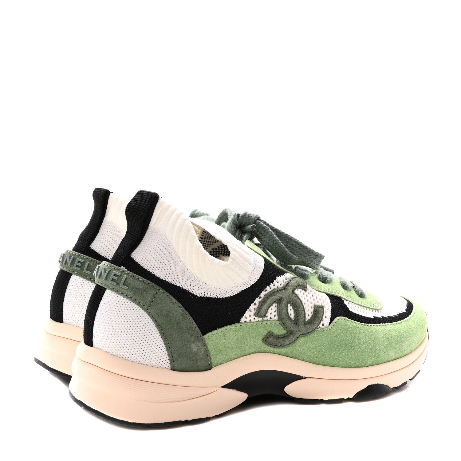 Chanel Knit Suede Fabric Womens CC Sneakers 40 Green Dark Green White Black 5 of 8