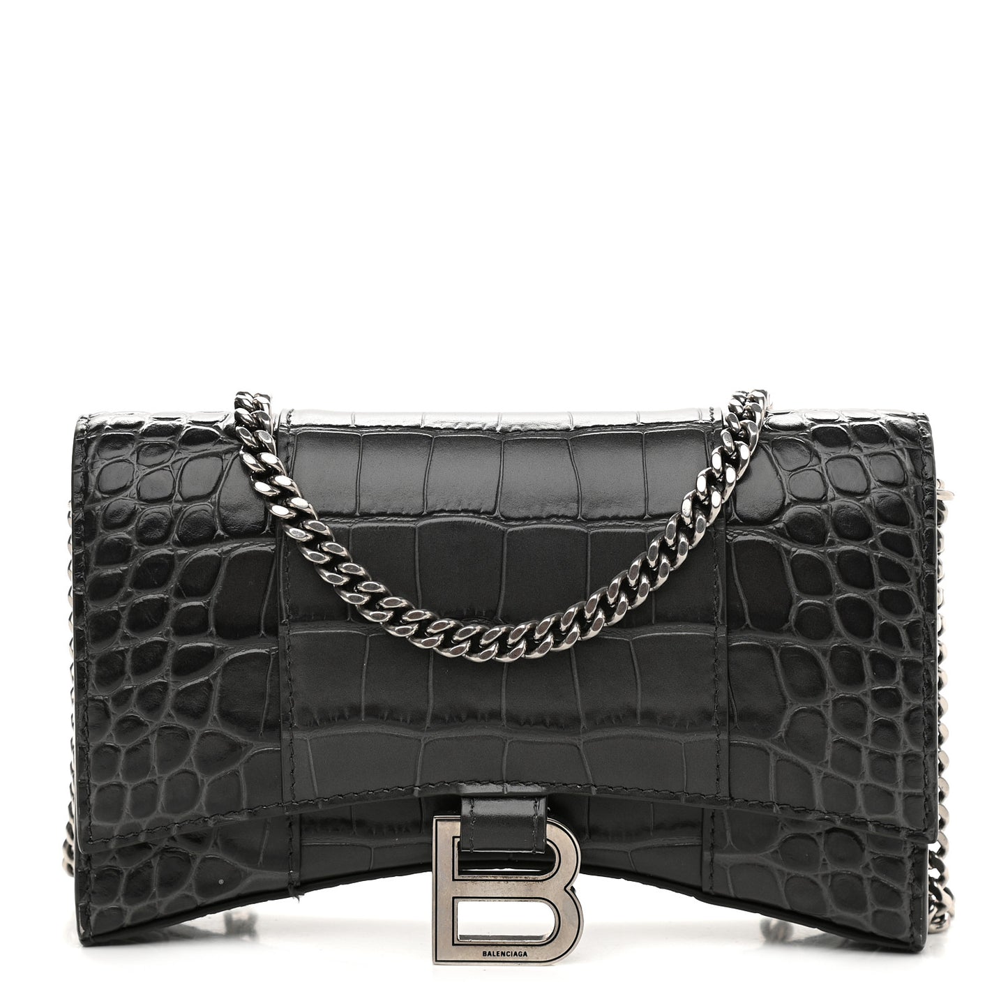 Shiny Calfskin Crocodile Embossed Hourglass Chain Bag Black
