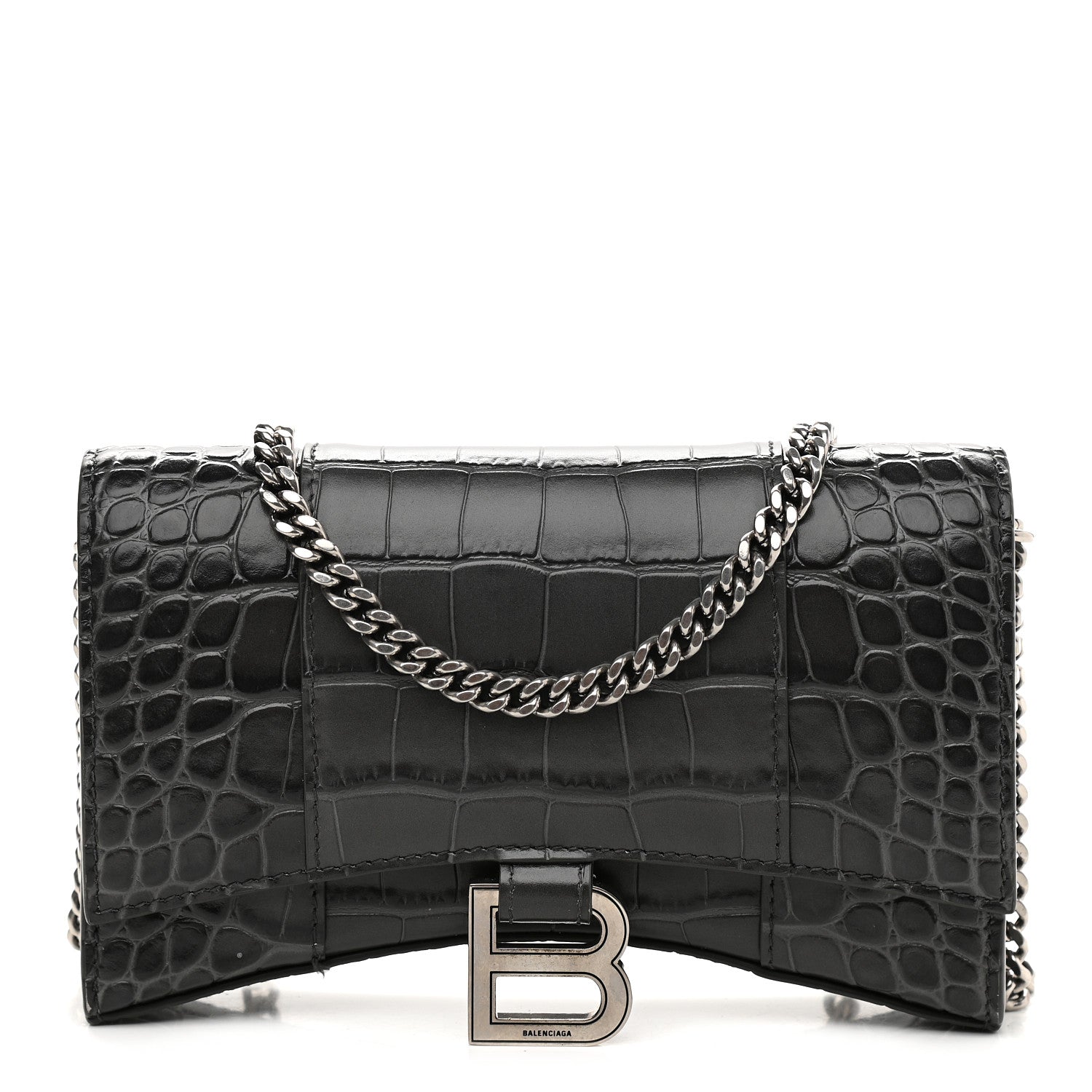 Balenciaga Shiny Calfskin Crocodile Embossed Hourglass Chain Bag Black 1 of 9