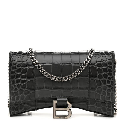 Balenciaga Shiny Calfskin Crocodile Embossed Hourglass Chain Bag Black 1 of 9