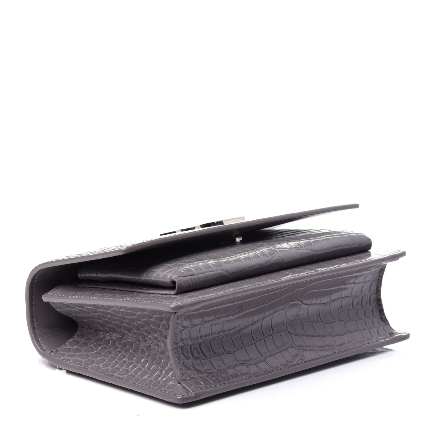 Saint Laurent Calfskin Crocodile Embossed Monogram Sunset Chain Wallet Fog 4 of 11