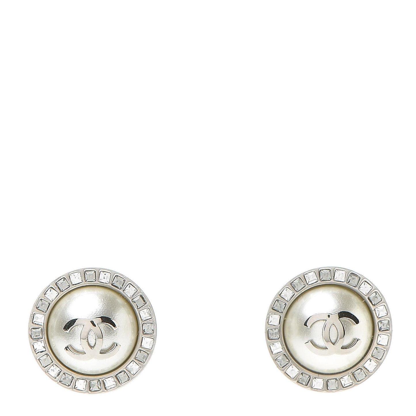 Pearl Baguette CC Round Earrings Silver